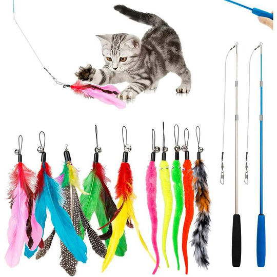Cat Feather Toy, 2PCS Retractable Cat Wand Toys and 10PCS Replacement Teaser with Bell Refills, Interactive Catcher Teaser and Funny Exercise for
