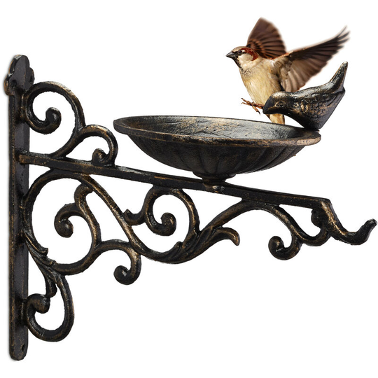 Bird Bath, Water Bowl, Wall Mountable, Frost-Proof, h x w x d: 24 x 28 x 14 cm, Cast-Iron, Bronze - Relaxdays