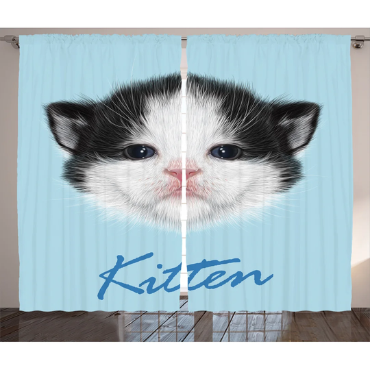 Portrait of Domestic Kitten Bicolor Furry Head Wet Nose Art Cartoon 2 Piece Room Darkening Curtain Set