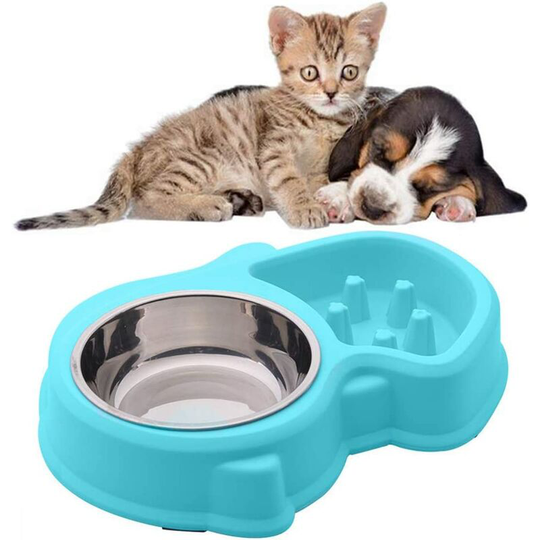 Double Water and Food Bowl 1 Stainless Steel Bowls and 1 Anti Glutton Bowl for Cats and Small Dogs (Blue)