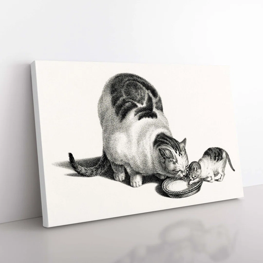 Cat and Kitten Drinking by Gottfried Mind - Wrapped Canvas Drawing
