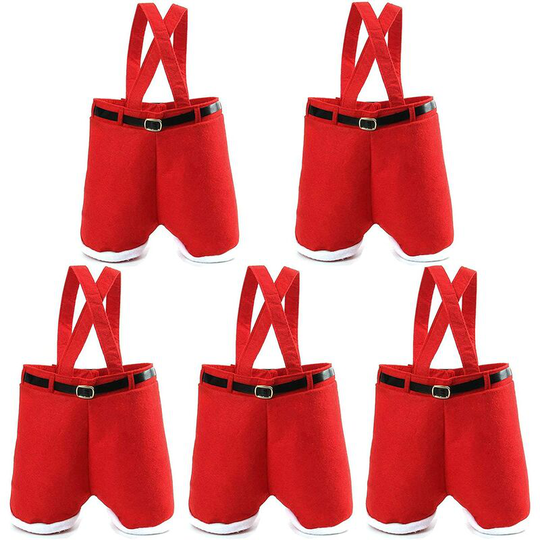 5PCS Christmas Decorations Gift Bags Candy Bags Santa Pants Style Lovely Treat Bags Wine Bottle Bags for Children Best for Wedding Holiday New Year