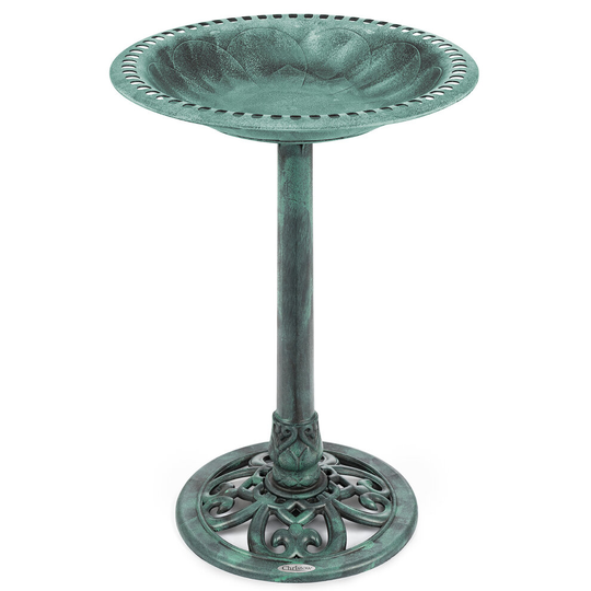 (Green) Garden Bird Bath Ornate Resin Birdbath With Rustic Metal Effect H70cm Christow