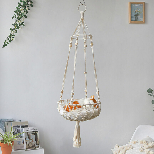 Wooden macrame cat hammock and woven cotton rope for hanging (30*100cm)
