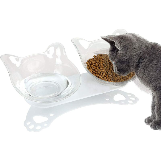 Cat Bowls, Cat Bowls, 15° Tilt Double Raised Cat Bowl, Non-Slip Protective Neck Pet Food Bowls (White)
