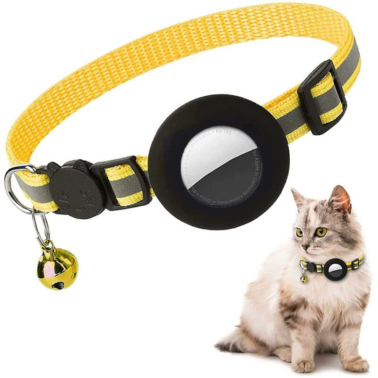Deckon - Airtag Cat Collar, Reflective Airtag Cat Collar with Bell and Airtag Silicone Waterproof Holder Yellow-Black
