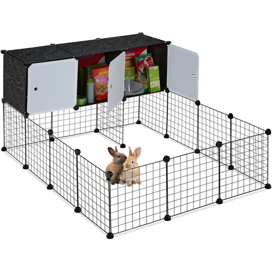 Free-Range Enclosure for Small Pets, 3 Compartments for Storage, hwd: 72 x 145 x 110 cm, Plug-In System, White - Relaxdays