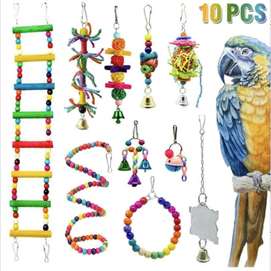 Asupermall - 10pcs Bird Toys for Parrot Swing Climbing Rope Ladder Chewing Toys with Bells Nest Hanging Toy for Small Parakeets Cockatiels Conures