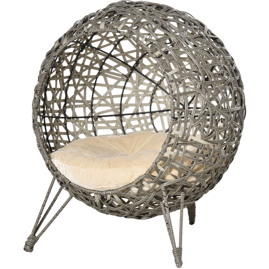 Rattan Wicker Elevated Cat House Kitten Bed Pet Furniture with Cushion - Grey - Pawhut