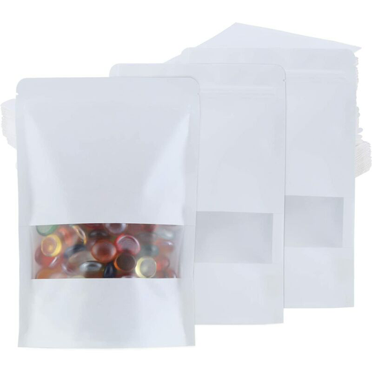 Pack of 60 white kraft paper food bags with transparent window, 15 x 22 cm