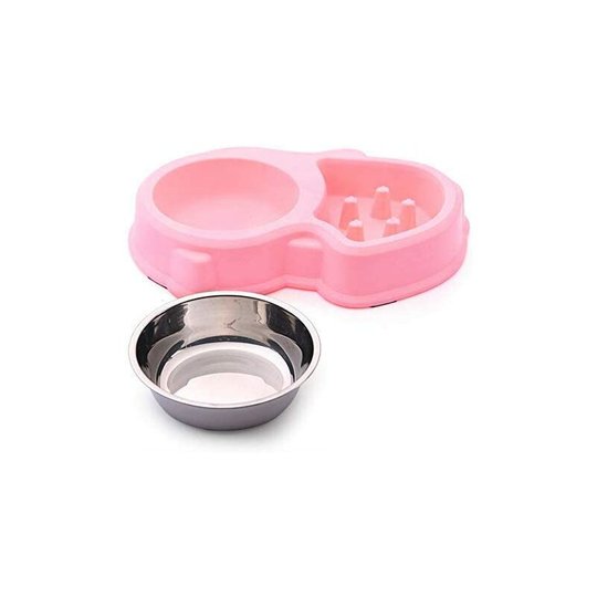 Double Water and Food Bowl 1 Stainless Steel Bowls and 1 Anti Glutton Bowl for Cats and Small Dogs (Pink)