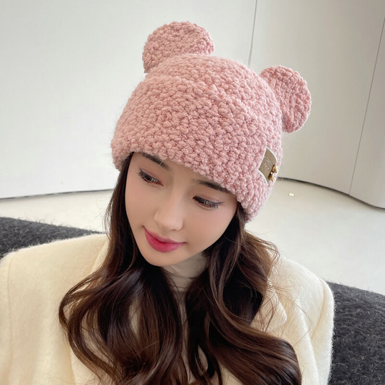 Lamb fur cap children's autumn and winter warm pullover hat Mickey ears cute fur cap student bear