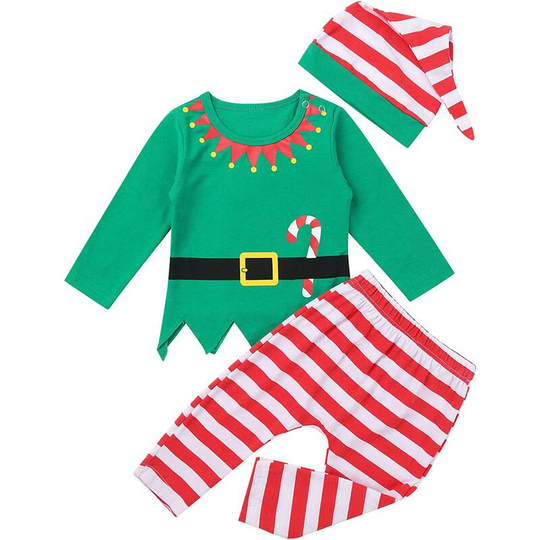 Readcly - Baby Newborn Elf Costume Santa Claus Costume Long Sleeve Romper Bodysuit + Striped Pants + Christmas Hat Halloween Party Outfit Girl Boy