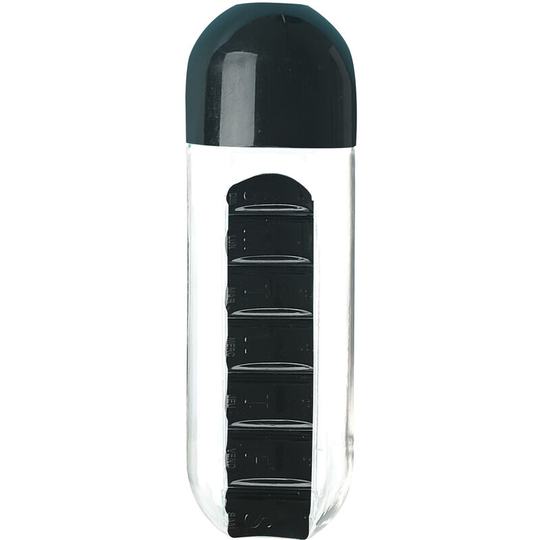 600ml Portable Water Bottle with Pill Organizer Medication Reminder Portable Travel Container for Vitamins Fish Oil Compartments,Black