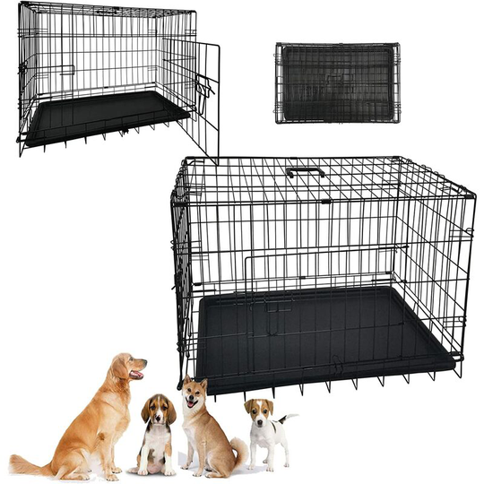 Dog Puppy Cage Medium 24 inch Black Folding 2 Door 2 Locks Crate Heavy Duty Animal Transport Pet Carrier With Tray