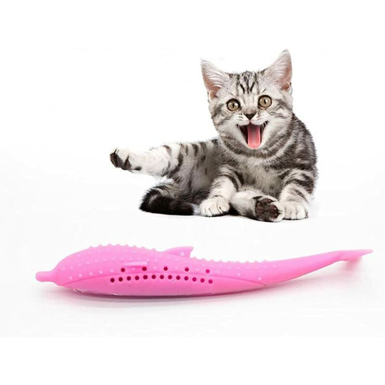 1pc Catnip Toys Simulation Fish Shape Cat Interactive Animal Toothbrush Chew Toy Eco-Friendly Silicone Teeth Molar Stick Cleaning Toy (Pink)