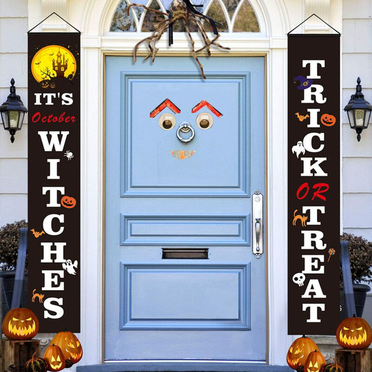 Halloween Decoration Porch Sign Set-Trick or Treat & It's Witches Halloween Welcome Banner Couple Front Door Wall Indoor Outdoor Home Office