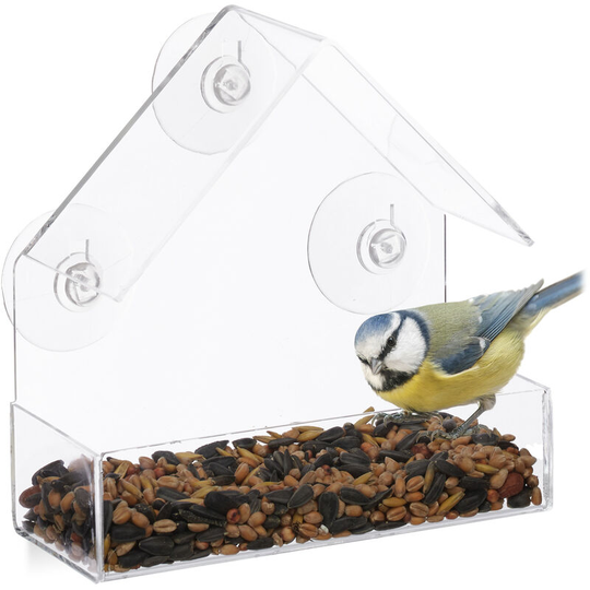 Window Birdhouse, Wild Bird Feeder, 3 Suction Cups, Feeding Station with Roof, 15 x 15 x 7 cm, Transparent - Relaxdays