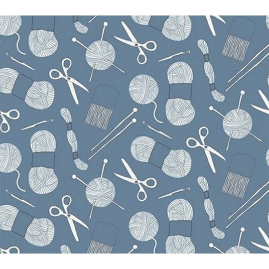 Fat Quarter Crafty Critters Knitting And Crochet Tools On Blue 100% Cotton Fabric