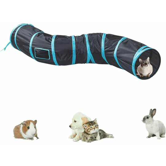 Interactive, collapsible and lightweight tunnel maze in crinkle fabric with pom pom and bells for cats, small rabbits, kittens, puppies, ferrets or