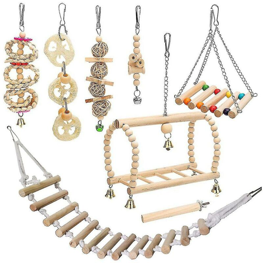 8 Packs Bird Parrot Swing Hanging Toy,wood Bell Bird Cage Toys Thsinde