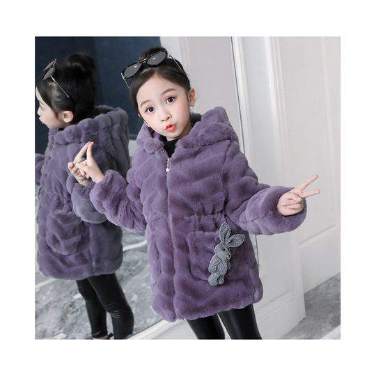 (Purple, 10-11 Years) Kids Girls Coat Jacket rabbit fur Hooded Outerwear