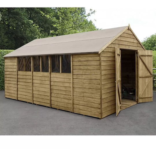 Overlap Pressure Treated 10x15 Apex Shed Workshop Double Door - Forest