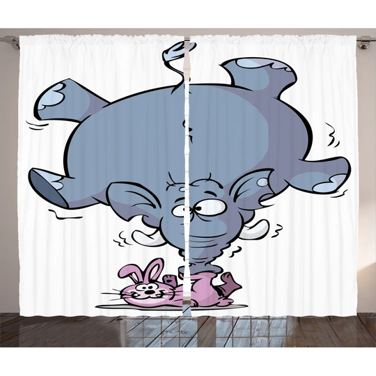 Rabbit Balancing Big Funny Mascot Cartoon Creatures Circus 2 Piece Room Darkening Curtain Set