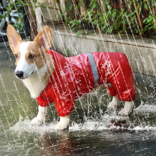 Pet Raincoat Reflective Raincoat Double Layer Breathable Four Corner Pants Pet Jumpsuit(S)Red