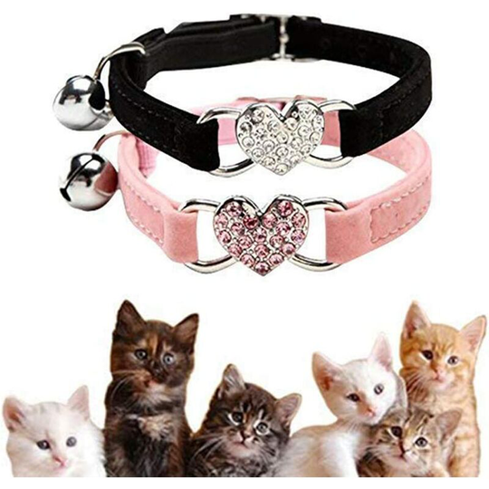 Litzee - 2pcs Lovely Kitten Collar, Cat Collar with Bell and Elastic Strap black,pink