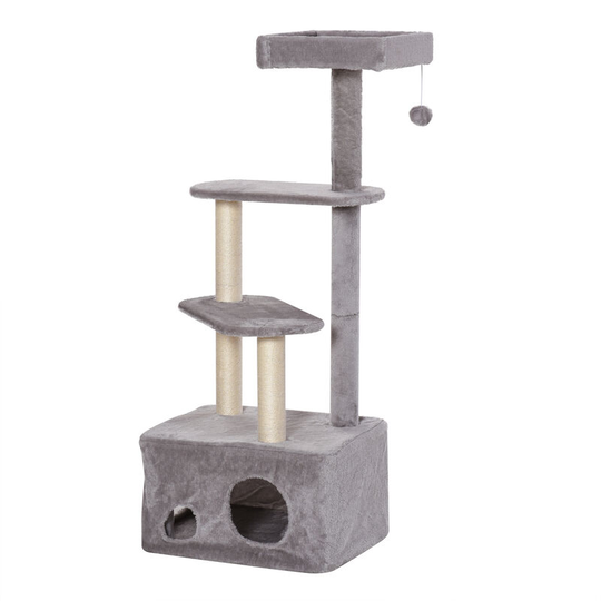 Cat Tree Kitten Tower w/ Scratching Post Condo Perches Hanging Ball - Grey - Pawhut