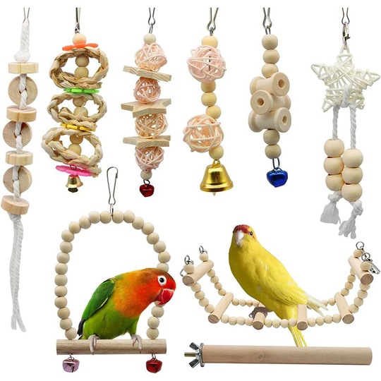 Cockatiel Parakeet Toy Set of 9 Natural Wood Parakeet Cage, Bird Perches, Swing, Hanging Bell and Chew Toys for Small Parakeets Thsinde