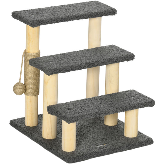 Dog Steps for Bed 3 Step Pet Stairs Cat Tree Tower w/ Jute Toy Ball Grey - Grey - Pawhut