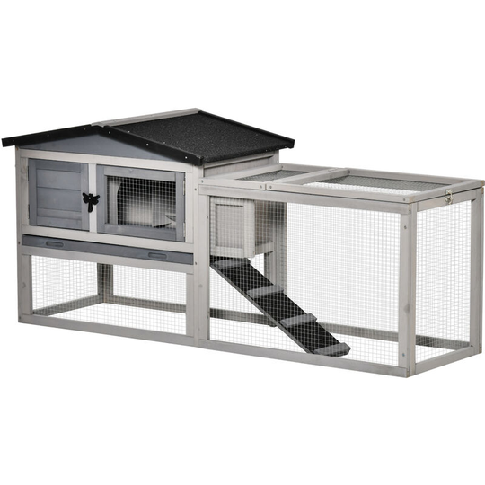 Pawhut - Rabbit Hutch Pet House Outdoor Run Design w/ Water-Resistant Paint Ramp - Light Grey