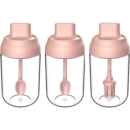Seasoning Box Set of 3 Spice Jars 8.45 oz Salt Sugar Glass Condiment Pots Transparent Storage Container with Spoon, Olive Oil Bottle with Brush,