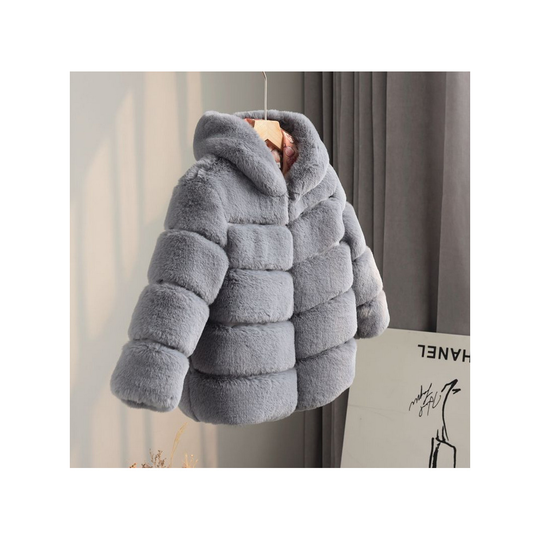 (Grey , 4-5 Years) Kids Girl Rex Rabbit Fur Coat Padded Winter Jacket