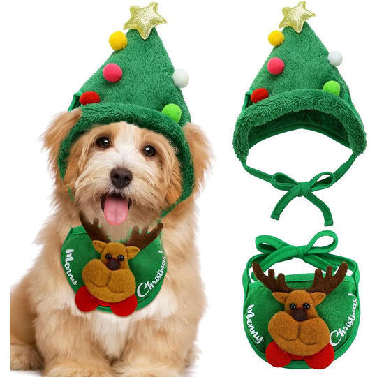 2 Piece Pet Dog Christmas Tree Hat Christmas Cat Set Headwear Costume Dog Santa Claus Adjustable Collar Bib Christmas Dog Green Hat Costume Party
