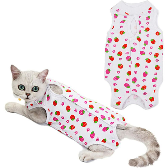 Soekavia - Recovery Suit for Cat, 1 pcs Strawberry Cotton Cat Sterilization Suit Breathable Cat Surgery Recovery Protective Shirt for Cats After