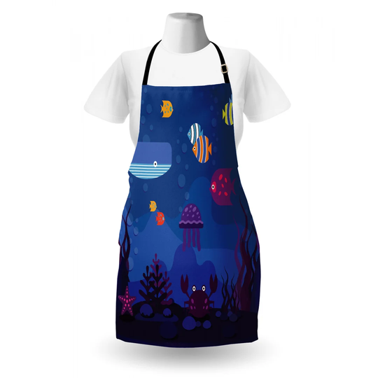 Underwater World Fish in Aquarium and Whale Crabs Jellyfish Bubbles Coral Apron