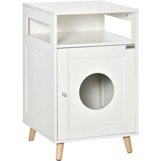 Cat House Litter Box Cave House w/ Cabinet Shelf Magnetic Door White - White - Pawhut