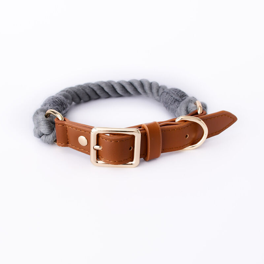 Premium Cotton Rope Dog Collar with Stainless Steel Pin Buckle Genuine Leather Collar(M,dark grey)