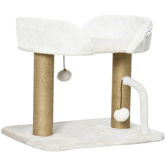 42cm Indoor Cat Tree, Kitty Play Tower w/ Toy Balls, Jute Scratching Post - White - Pawhut