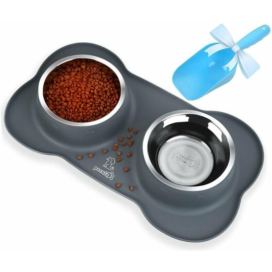Bearsu - Double Dog Cat Bowl, Pet Food Bowl, Stainless Steel Base Double Dog Bowl, 100% Silicone Non-Slip Non-Spill Dog Bowl Mat M(400ML/Bowl) - Gray