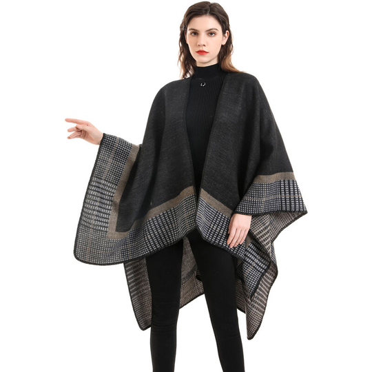 Double sided color blocking plaid pattern cashmere shawl with cape coat (khaki black) in autumn and winter