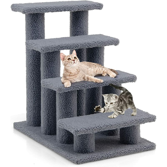 Pet Stairs, 4-Step Carpeted Cat Dog Easy Climb Ladder, Multi-Step Pets Access Assistance for High Beds, Couch (Grey) - Costway