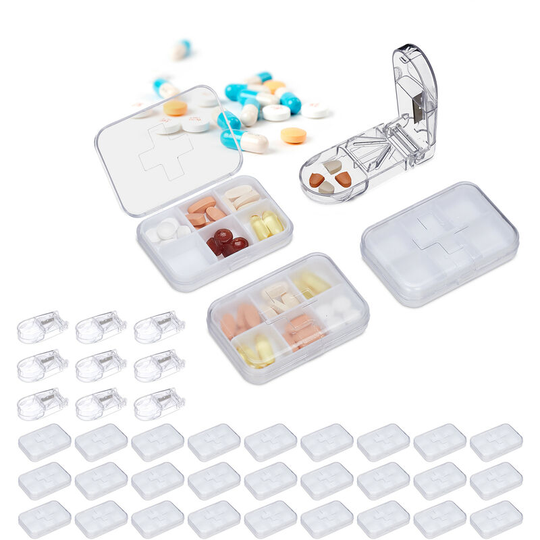 Relaxdays - Set of 30 Pill Dispenser, 6 Compartments, Med Cutter, Compact, Portable, Plastic Travel Case, White