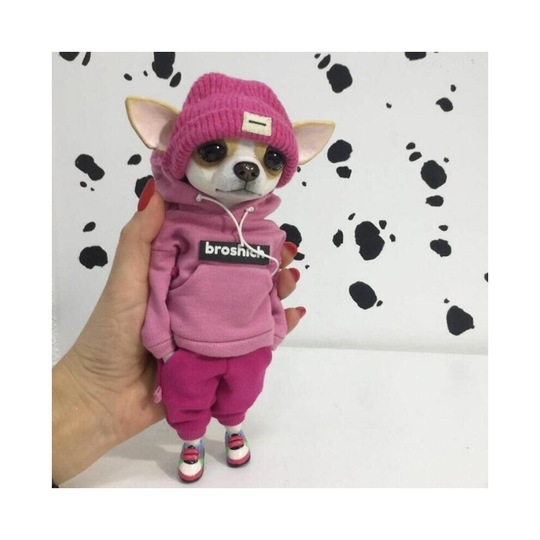 (Pink trendy dog) New Mogwai Handmade Doll Standing Puppy Resin Doll Kawaii Dog Doll Home Decoration