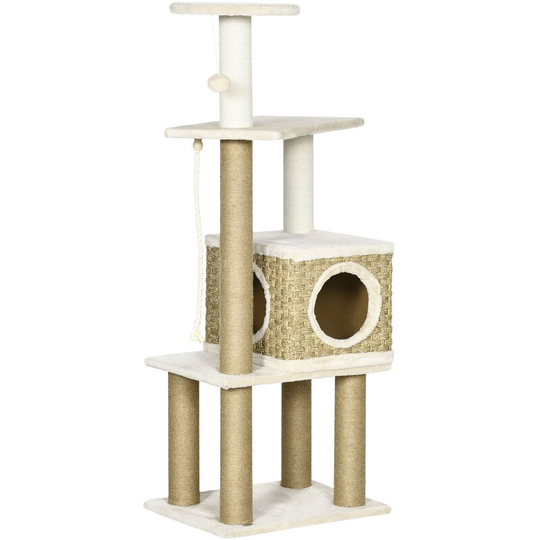 Cat Tree Climbing Tower w/ Scratching Post, Cat House, Hanging Toy Ball - Beige - Pawhut