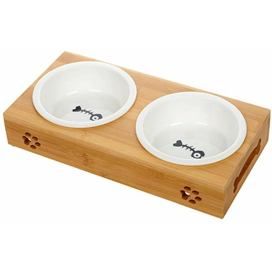 Ceramic cat bowls set with bamboo stand 2 x 0.2L