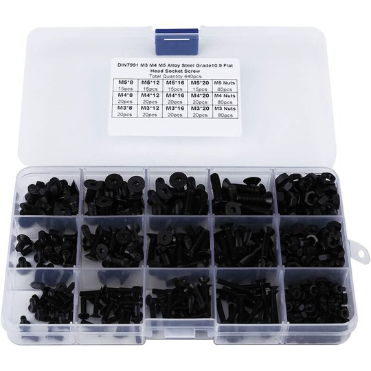 Einemgeld - 440 pcs M3 M4 M5 Alloy Steel Flat Head Hex Socket Cap Screws and Hex Nuts for Machine Fastener Assortment Kit